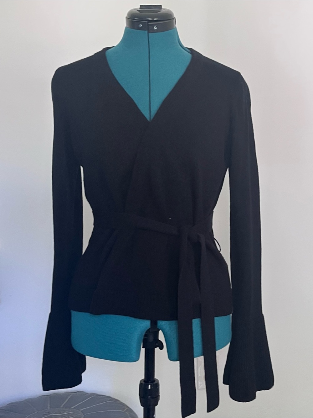 Classic Black Wrap Sweater Top with Tie Waist